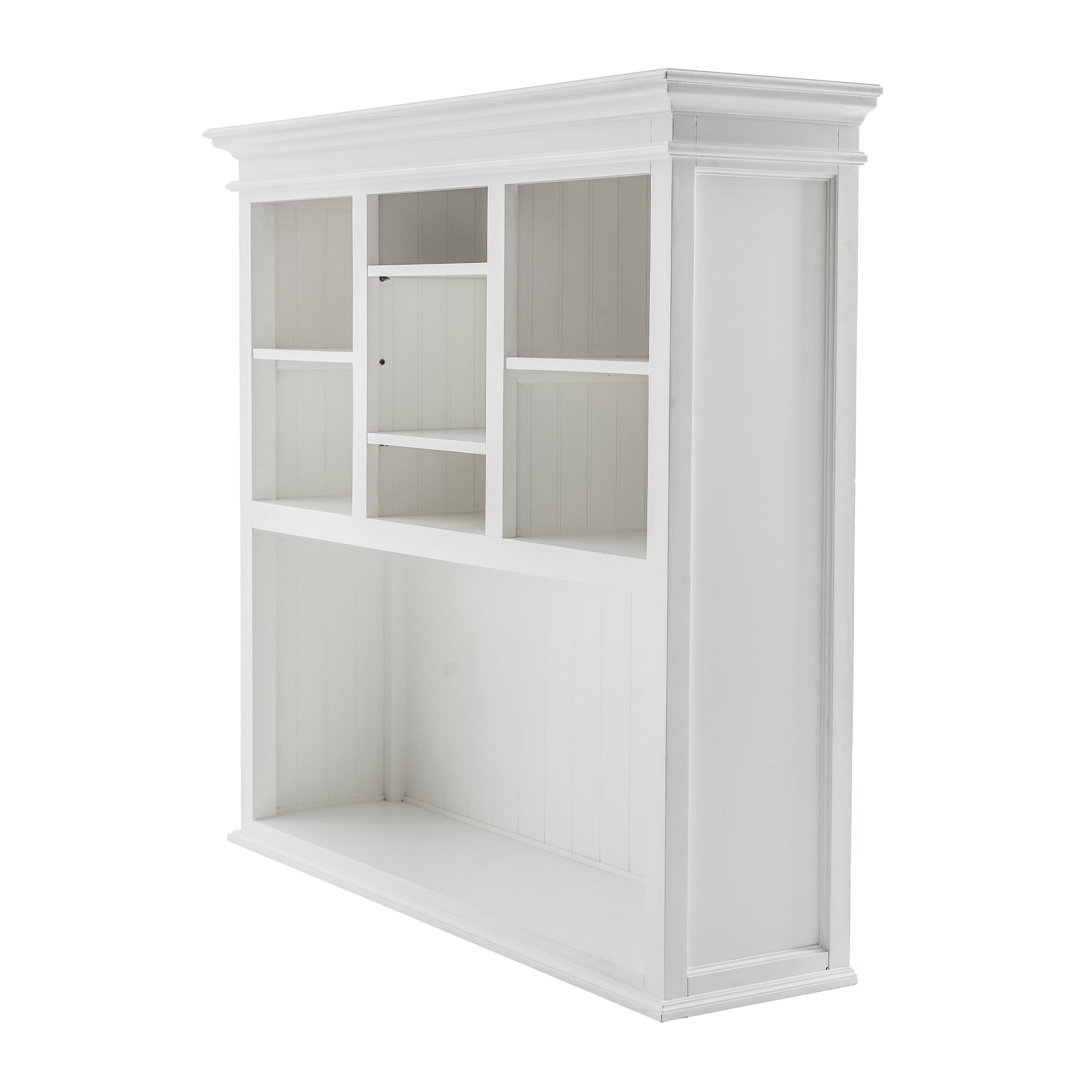 Slightly angled font view of white wooden buffet hutch upper unit featuring an open central shelf and seven cubbies.