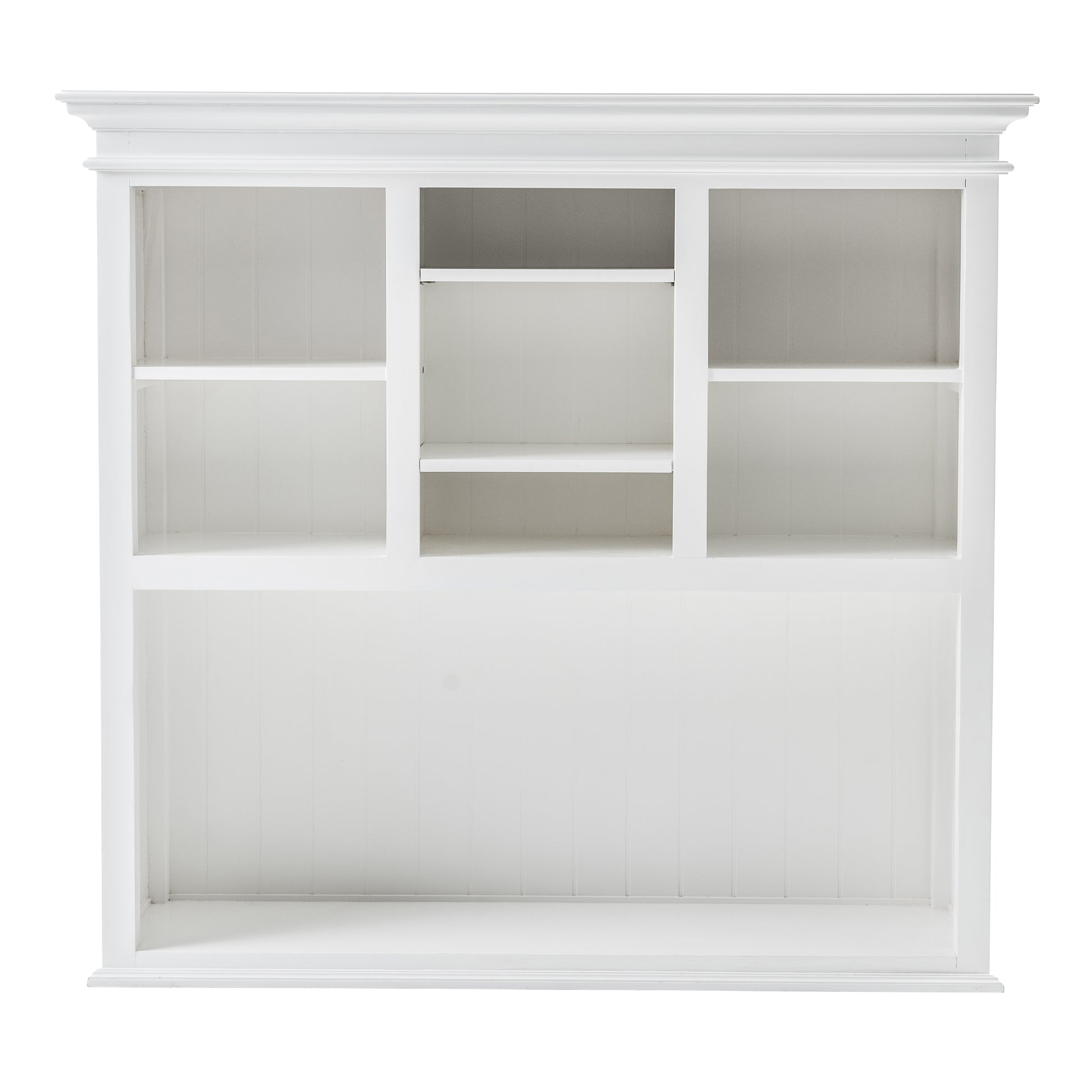 Front view of white wooden buffet hutch upper unit featuring an open central shelf and seven cubbies.