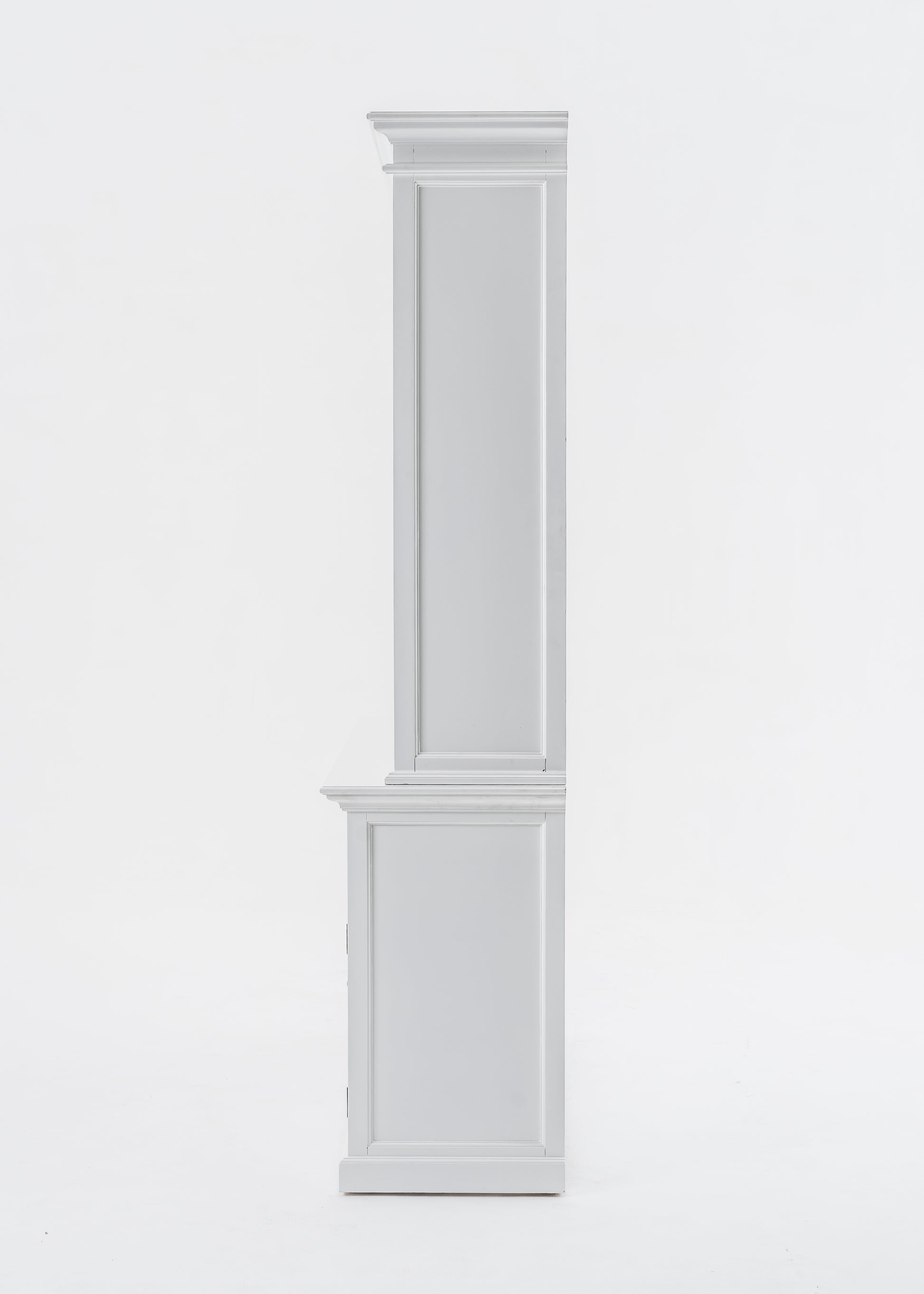 Side view of white wooden buffet hutch unit with 2 adjustable shelves, 4 doors and 2 drawers with antique brass hardware.