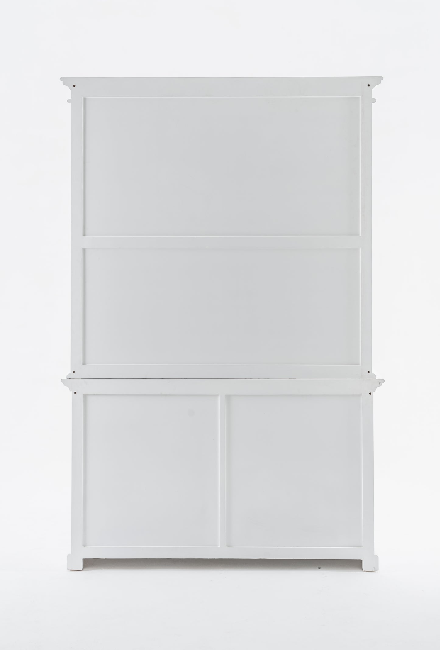 Rear view of white wooden buffet hutch unit with 2 adjustable shelves, 4 doors and 2 drawers with antique brass hardware.