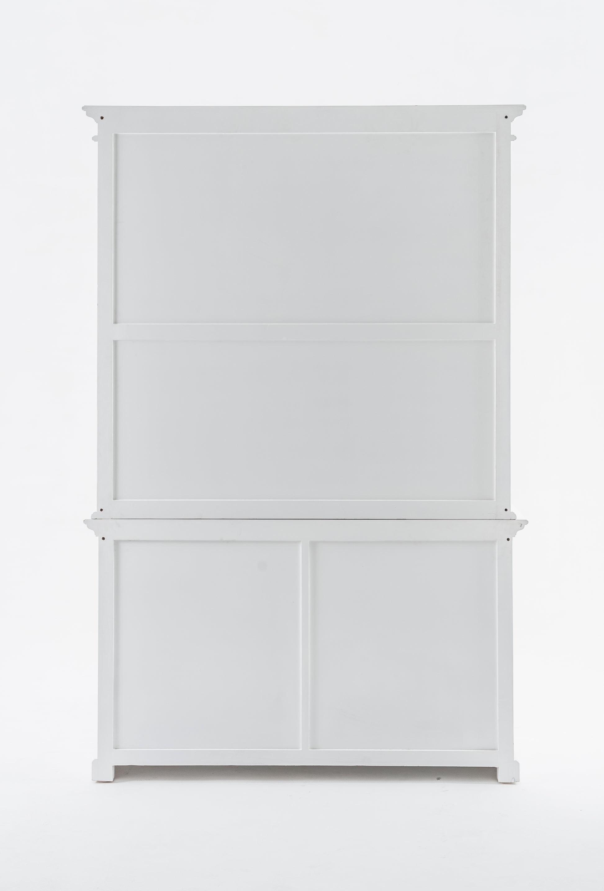 Rear view of white wooden buffet hutch unit with 2 adjustable shelves, 4 doors and 2 drawers with antique brass hardware.