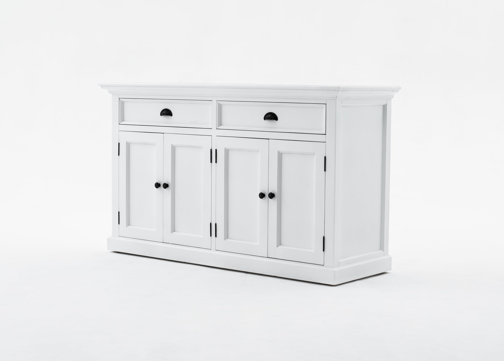 Slightly angled front view of white wooden buffet hutch base unit with 4 doors and 2 drawers with antique brass hardware.