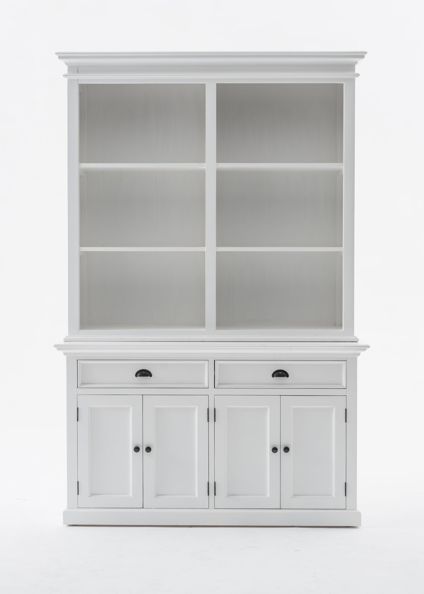 NovaSolo Halifax white wooden buffet hutch unit with 6 shelves, 4 doors and 2 drawers with antique brass hardware.