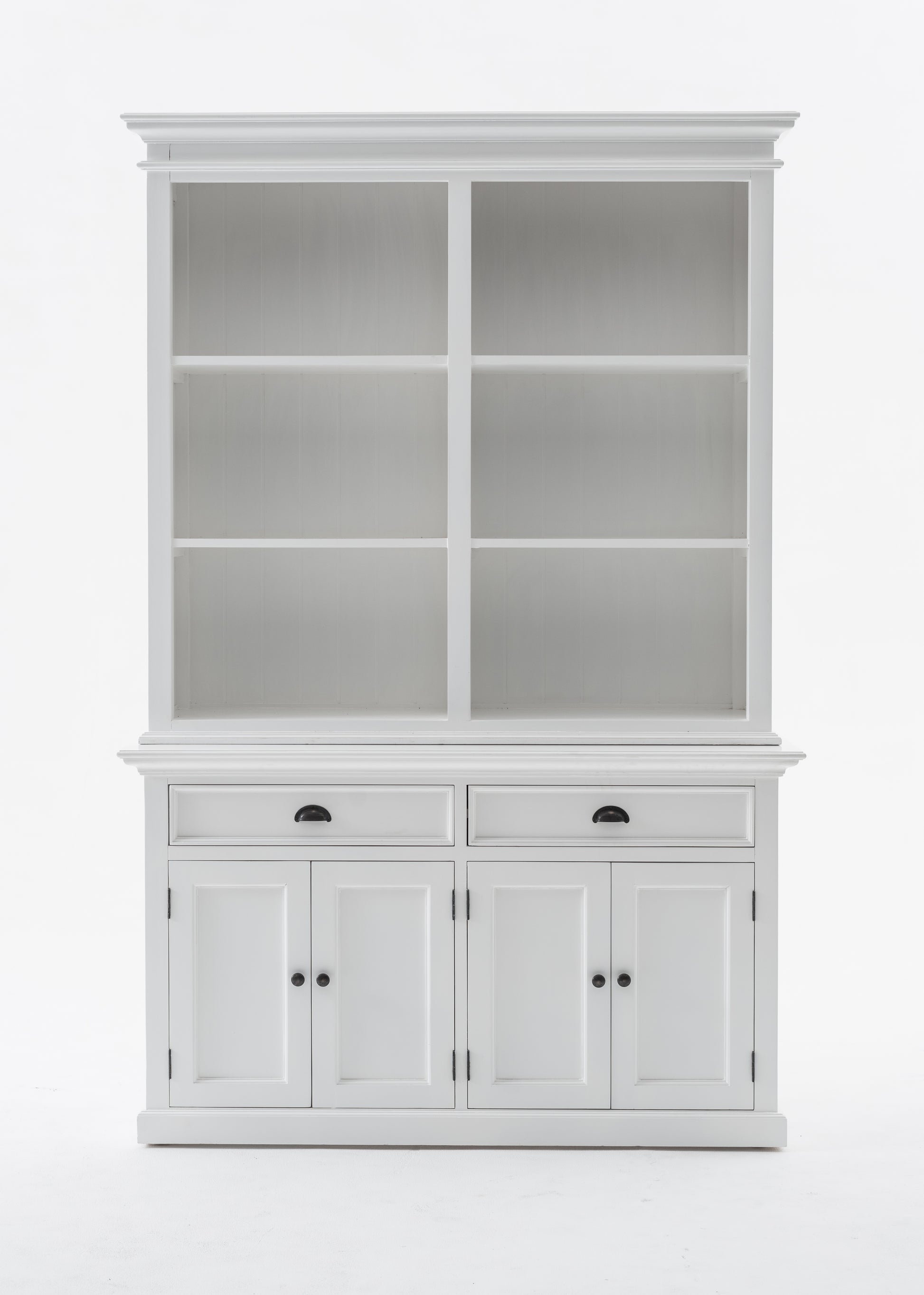 NovaSolo Halifax white wooden buffet hutch unit with 6 shelves, 4 doors and 2 drawers with antique brass hardware.