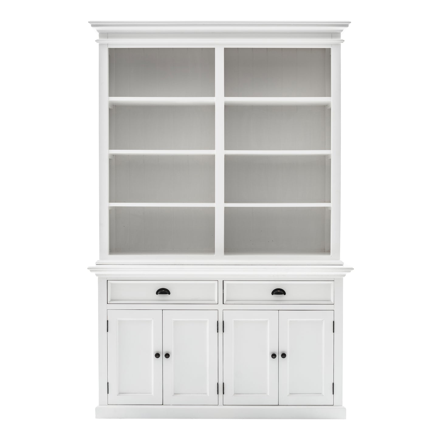 NovaSolo Halifax white wooden buffet hutch unit with 8 shelves, 4 doors and 2 drawers with antique brass hardware.