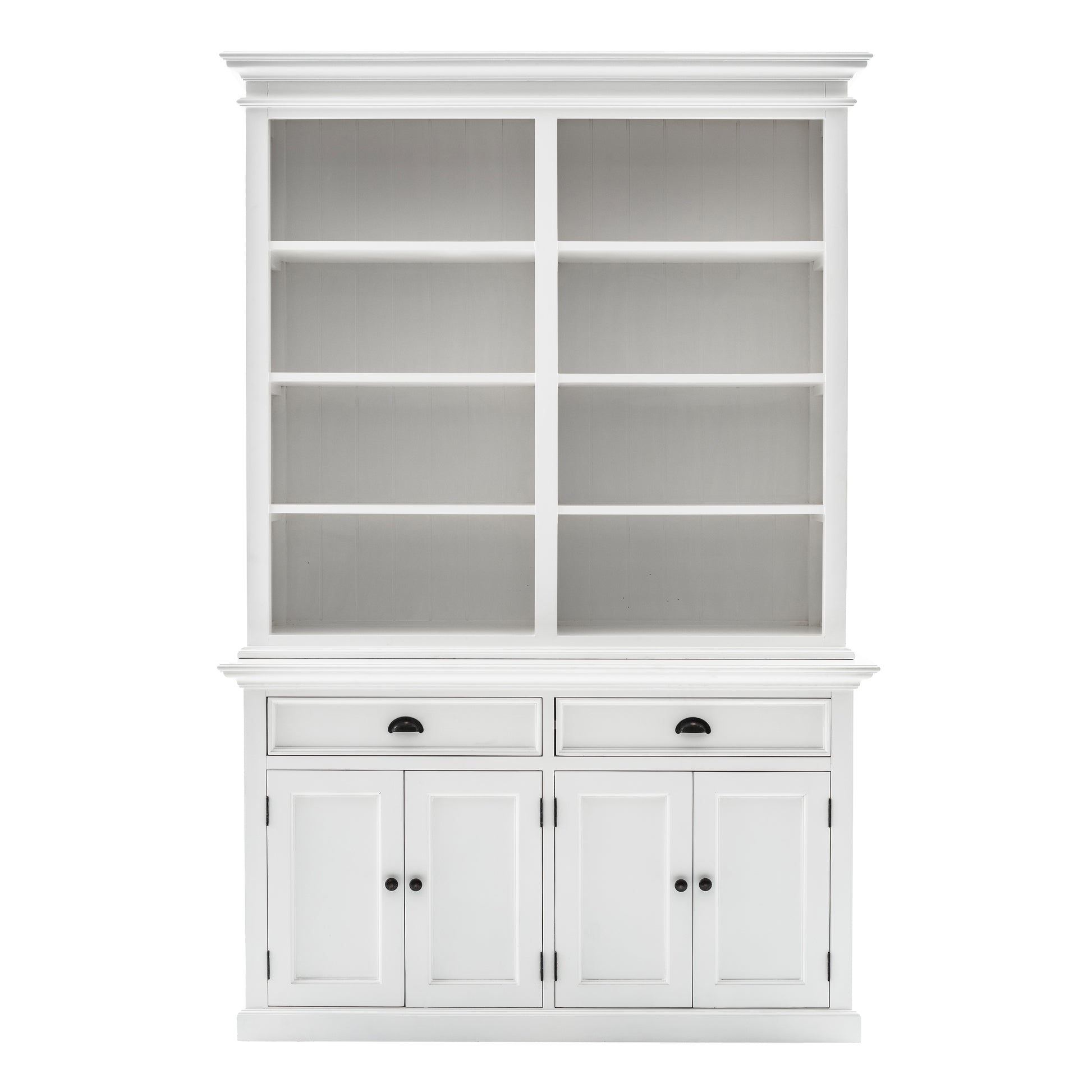 NovaSolo Halifax white wooden buffet hutch unit with 8 shelves, 4 doors and 2 drawers with antique brass hardware.