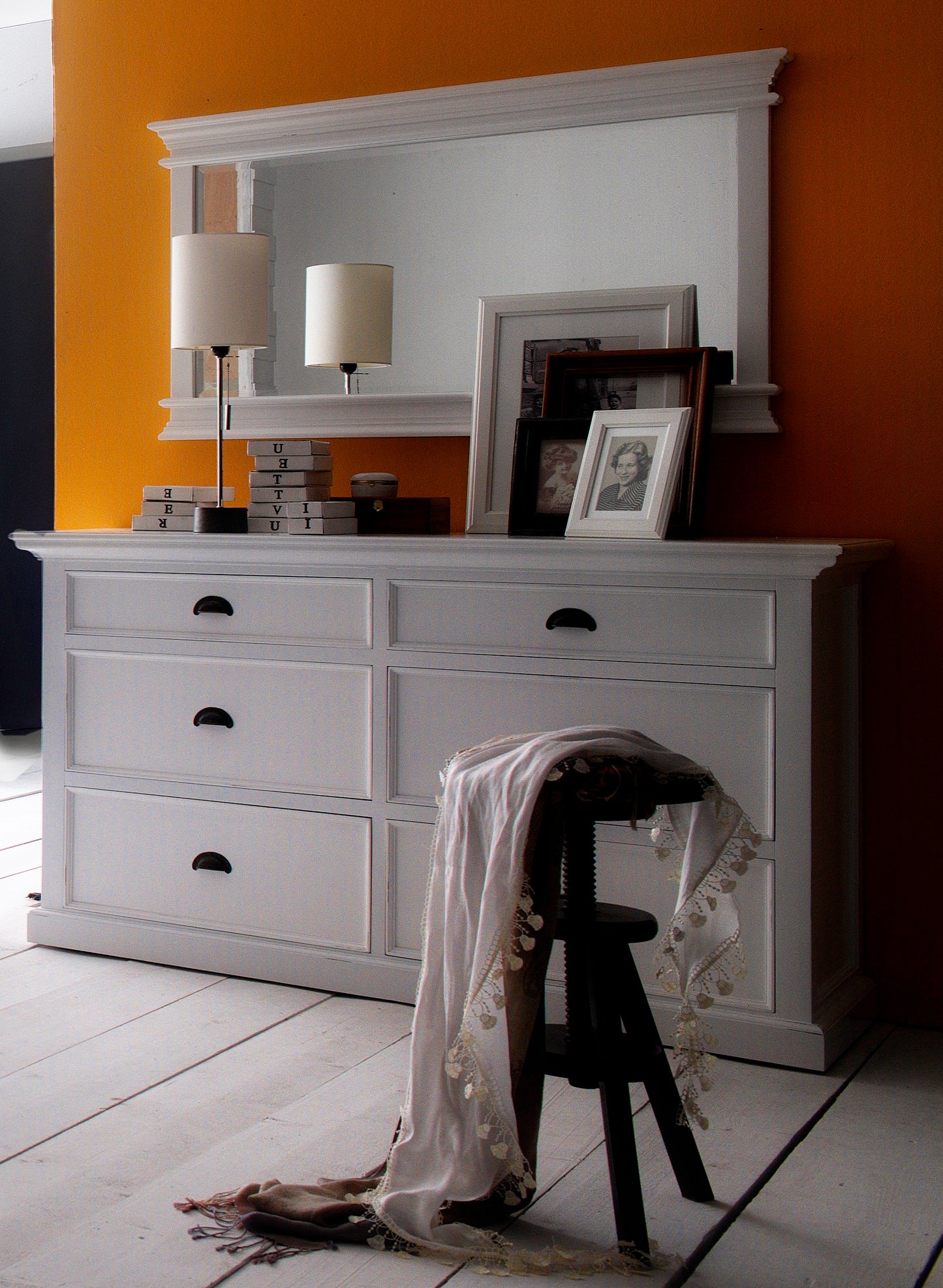 NovaSolo Halifax white wooden dresser with 6 drawers and antique brass hardware