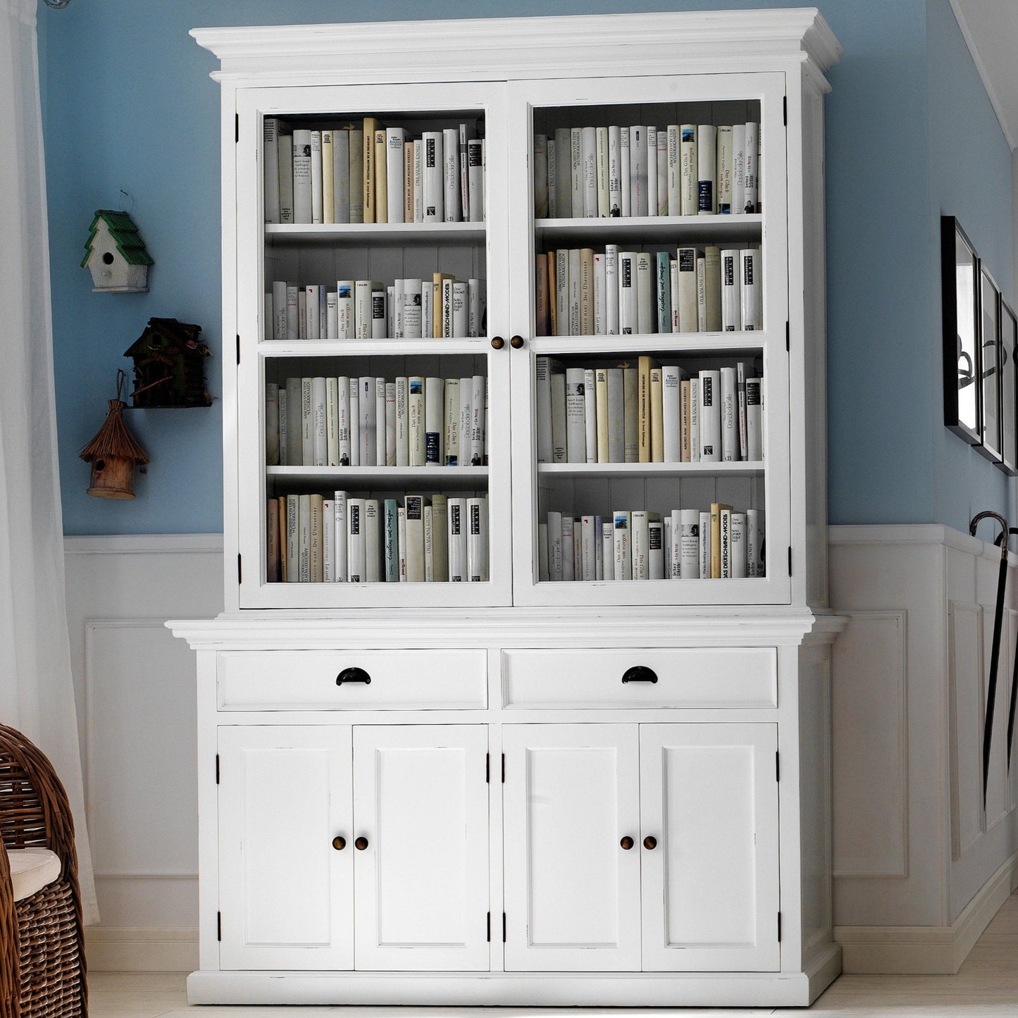 NovaSolo Halifax white wooden glass-display hutch unit featuring 4 wooden doors, 2 glass doors and 2 drawers with antique brass hardware.