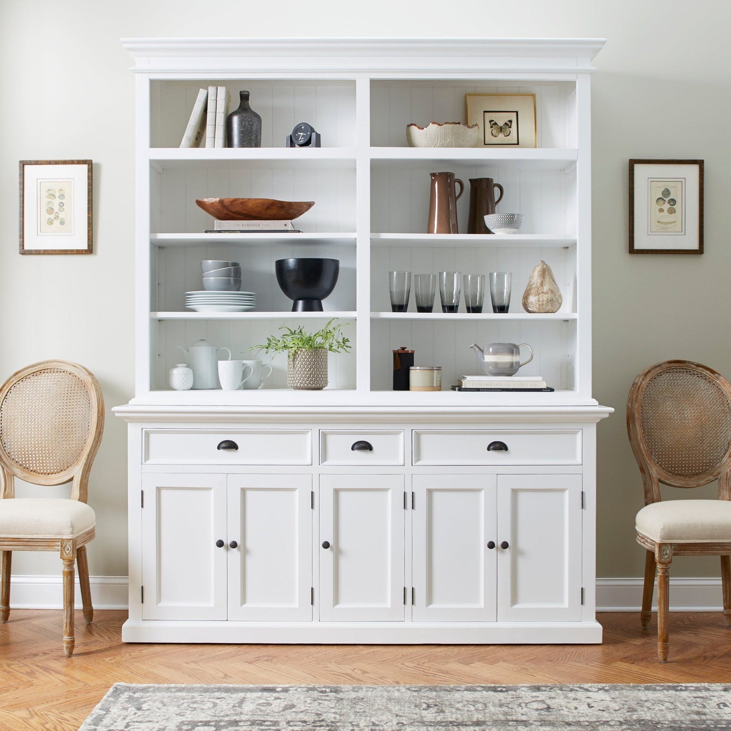 NovaSolo Halifax white wooden hutch bookcase with 8 shelves, 5 doors and 3 drawers with antique brass hardware.