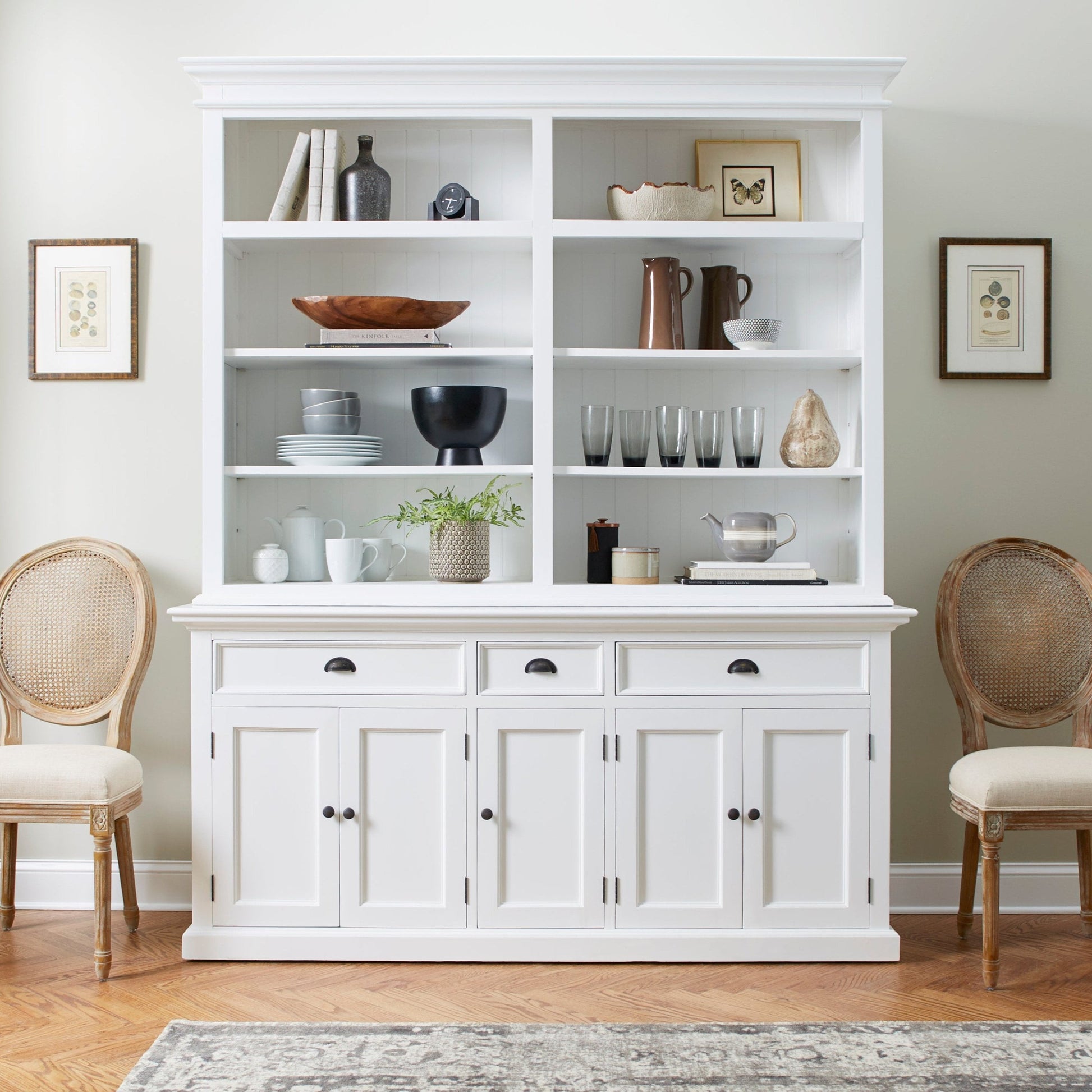 NovaSolo Halifax white wooden hutch bookcase with 8 shelves, 5 doors and 3 drawers with antique brass hardware.