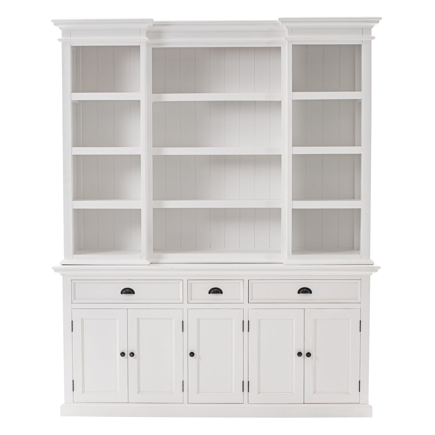 NovaSolo Halifax white wooden kitchen hutch cabinet with 5 doors, 12 shelves and 3 drawers with antique brass hardware