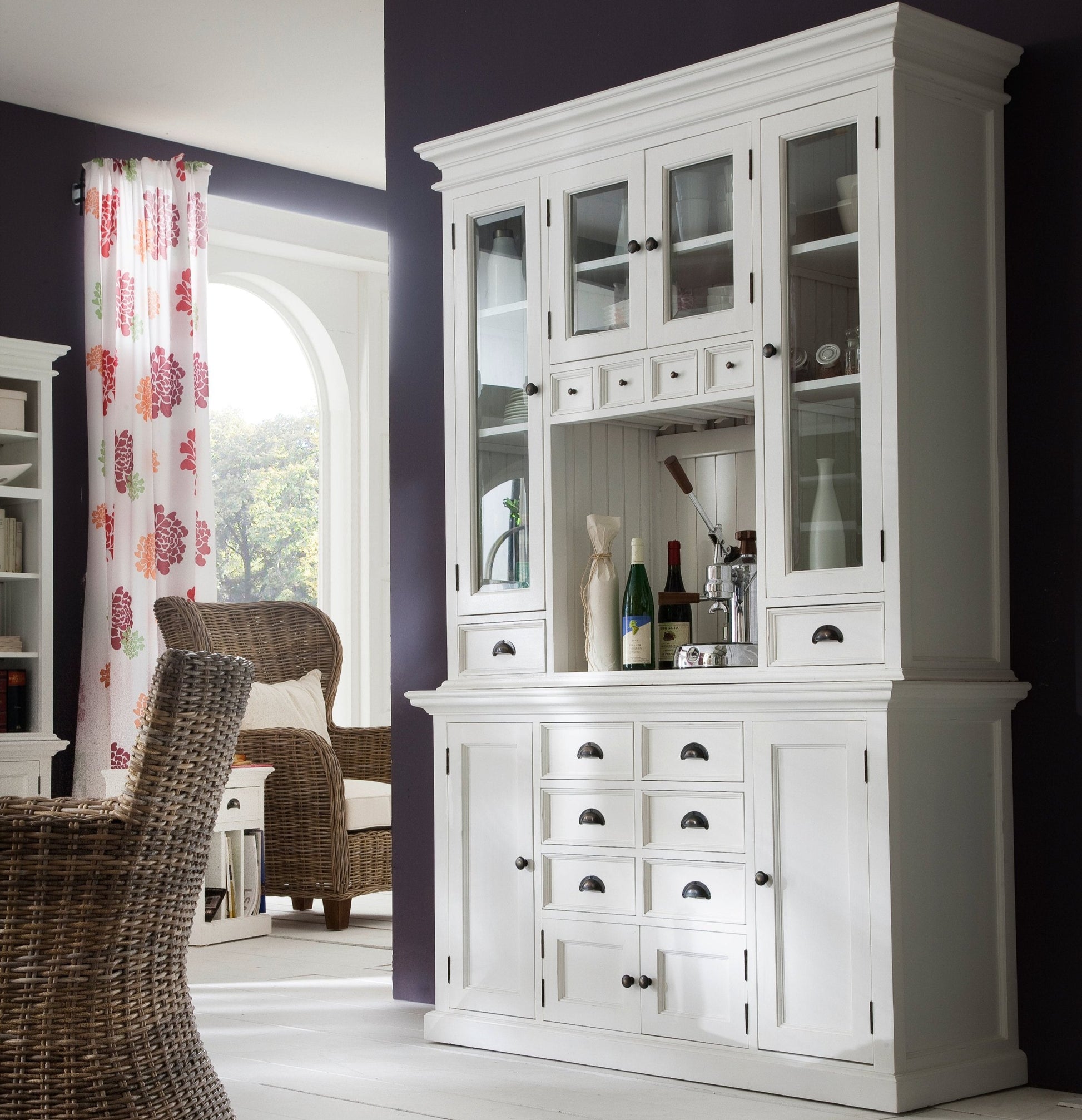 NovaSolo Halifax white wooden kitchen hutch unit with 4 wooden doors, 4 glass doors and 12 drawers with antique brass hardware.