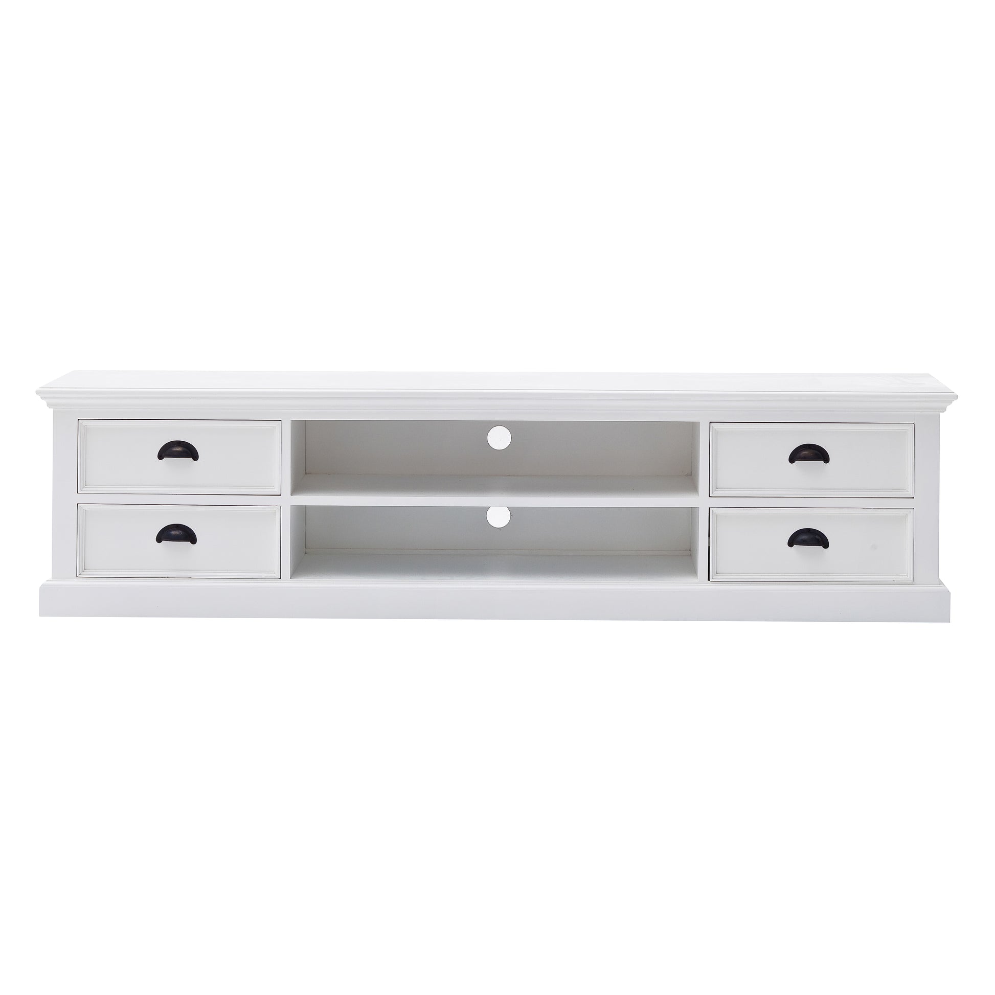 NovaSolo Halifax white wooden large entertainment unit with 2 shelves and 4 drawers with antique brass hardware.