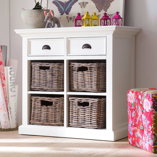 NovaSolo Halifax white wooden medium buffet with a 4 rattan basket set and 2 drawers with antique brass hardware.