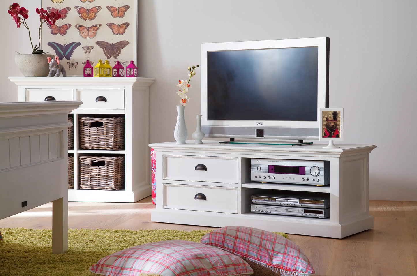 NovaSolo Halifax white wooden medium entertainment unit with 2 shelves and 2 adjacent drawers with antique brass hardware.