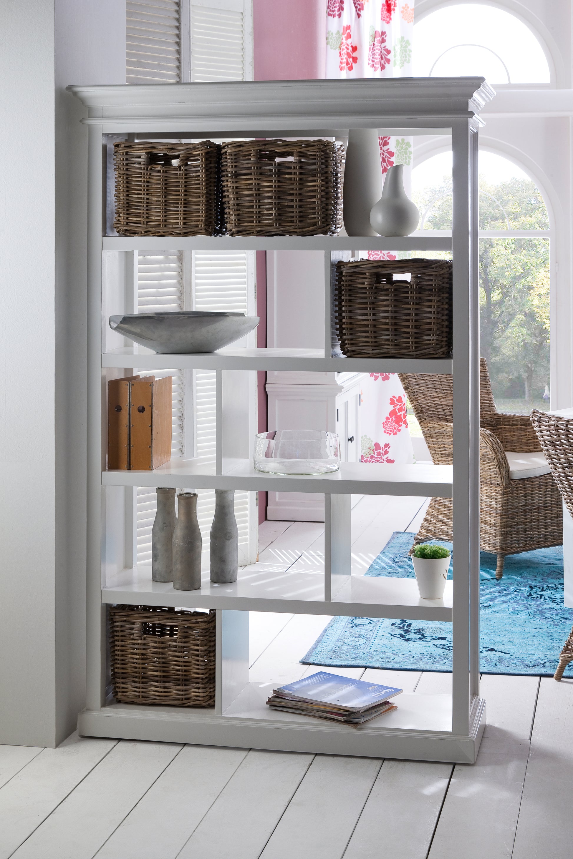 NovaSolo Halifax white wooden room divider with 5 shelves and a 4 piece rattan basket set.