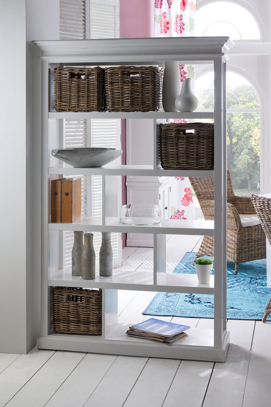 NovaSolo Halifax white wooden room divider with 5 shelves and a 4 piece rattan basket set.