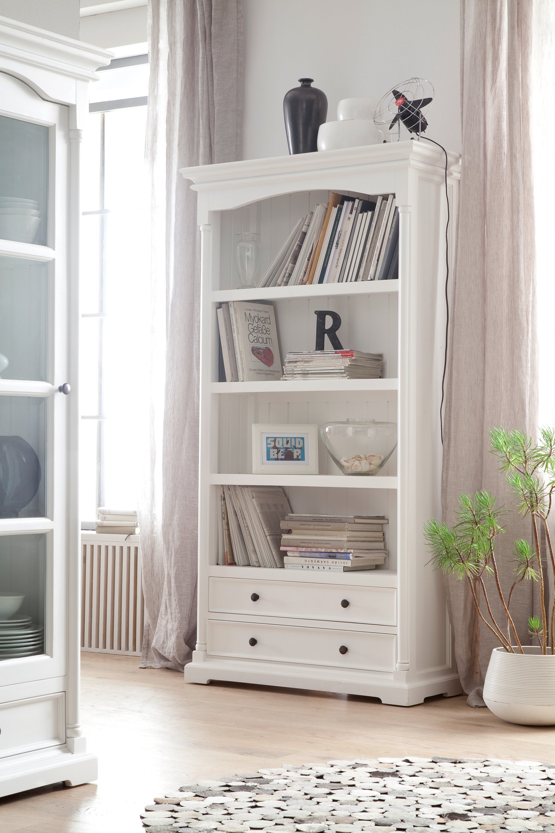 NovaSolo Provence white wooden bookcase with 4 shelves and 2 large drawers with antique brass hardware.