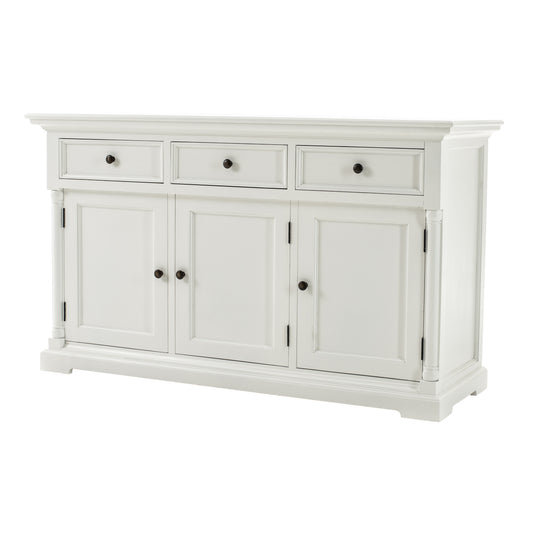 NovaSolo Provence white wooden classic sideboard with 3 doors and 3 drawers with antique brass hardware.