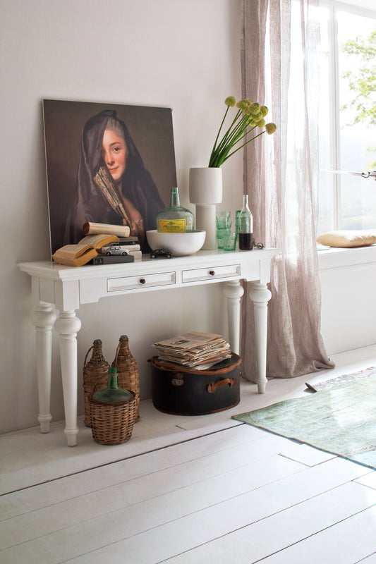 NovaSolo Provence white wooden console table with 2 drawers featuring antique brass hardware.