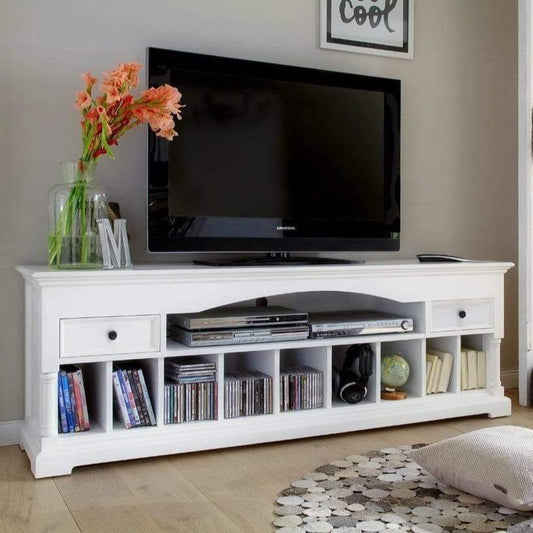 NovaSolo Provence white wooden media console with 10 storage compartments and 2 drawers with antique brass hardware.