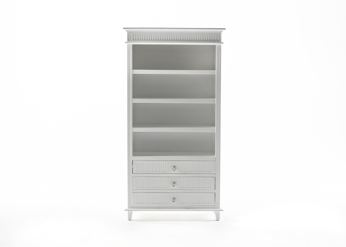 NovaSolo Skansen white wooden bookcase with 4 shelves and 3 drawers with silver chrome plated brass hardware.