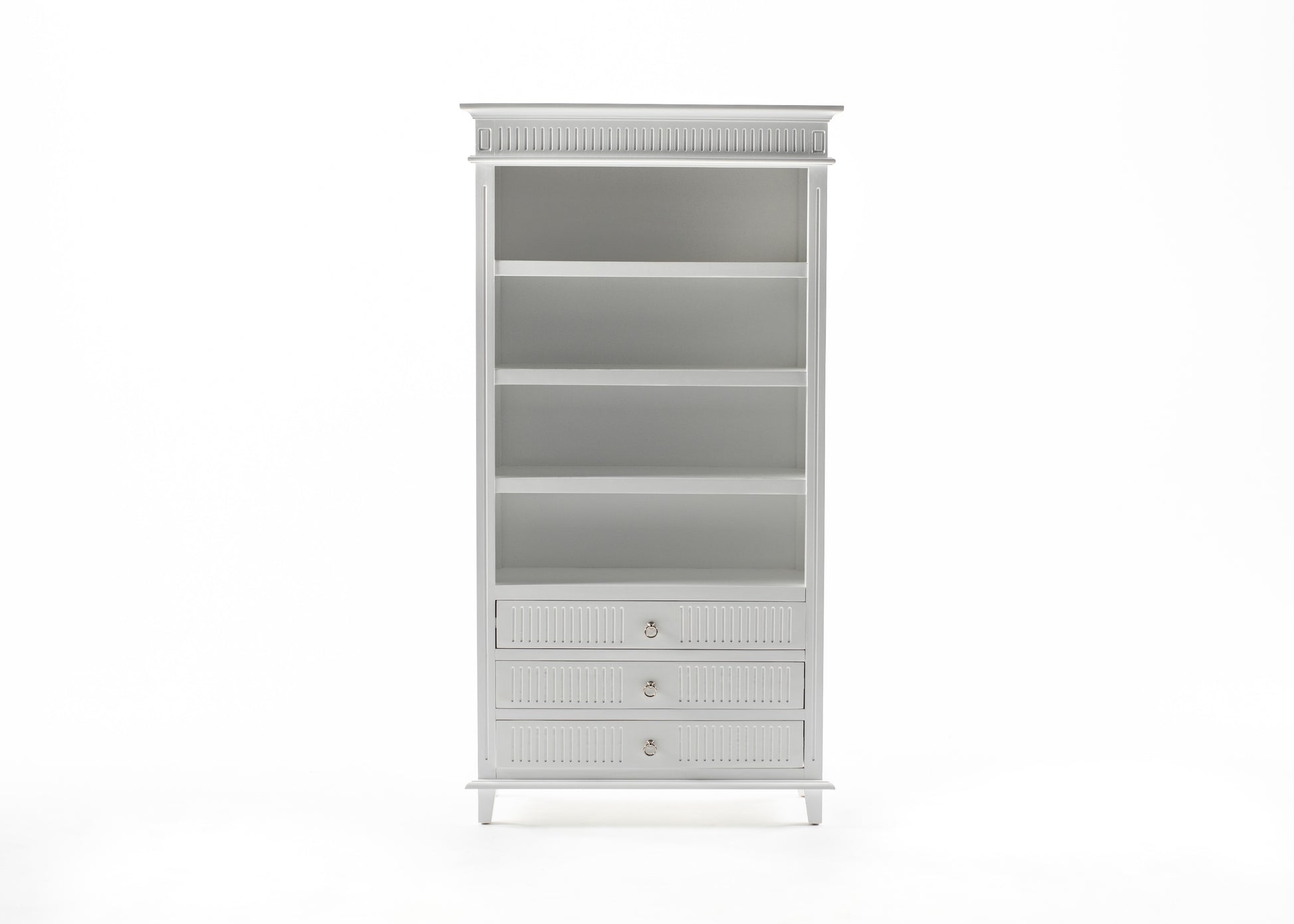 NovaSolo Skansen white wooden bookcase with 4 shelves and 3 drawers with silver chrome plated brass hardware.