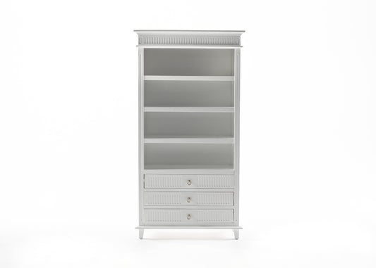 NovaSolo Skansen white wooden bookcase with 4 shelves and 3 drawers with silver chrome plated brass hardware.
