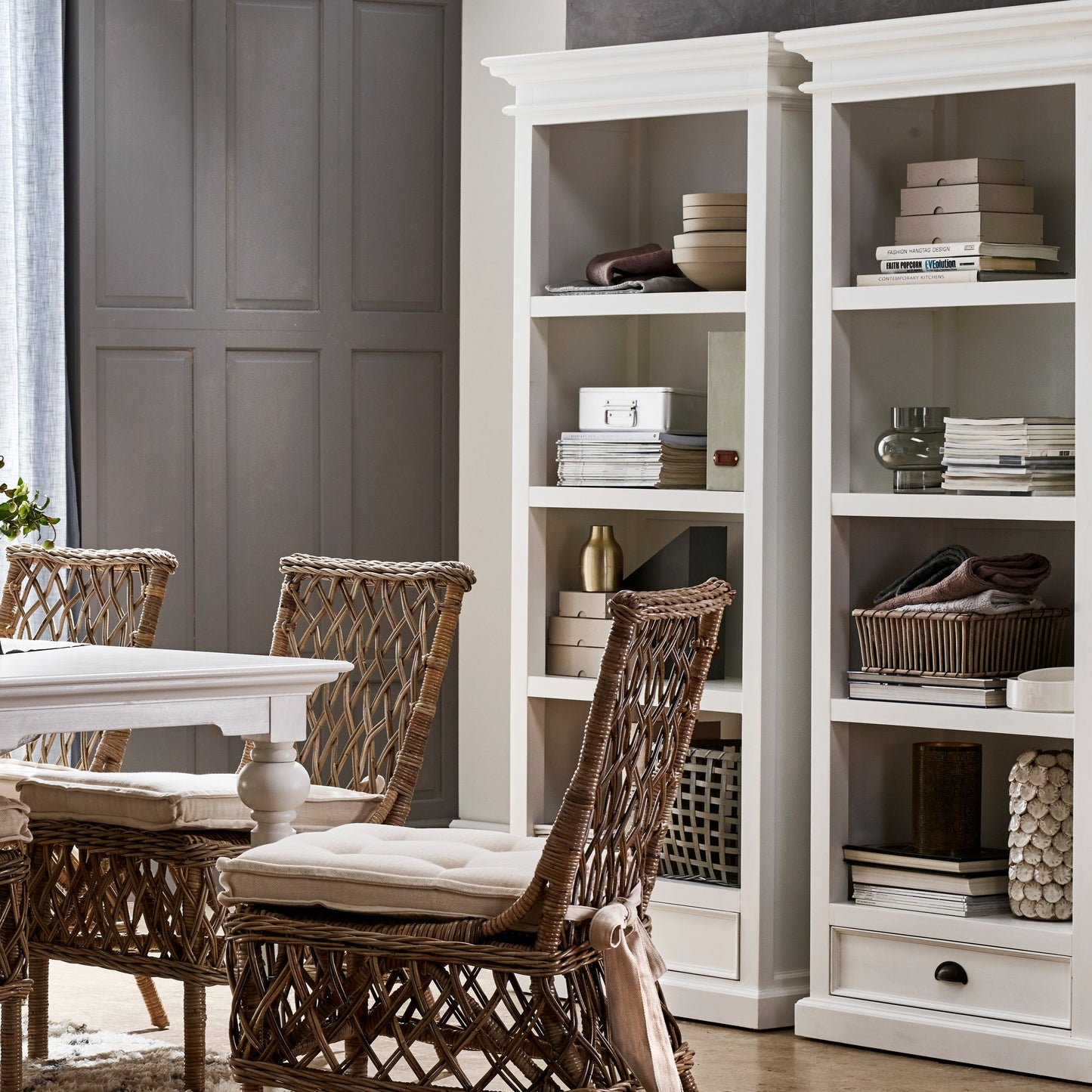 NovaSolo Halifax white wooden bookcase with 4 shelves and 1 drawer with antique brass hardware