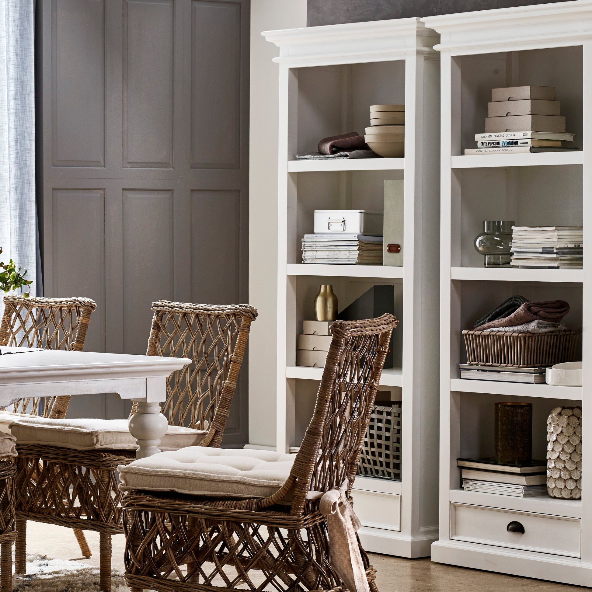 NovaSolo Halifax white wooden bookcase with 4 shelves and 1 drawer with antique brass hardware