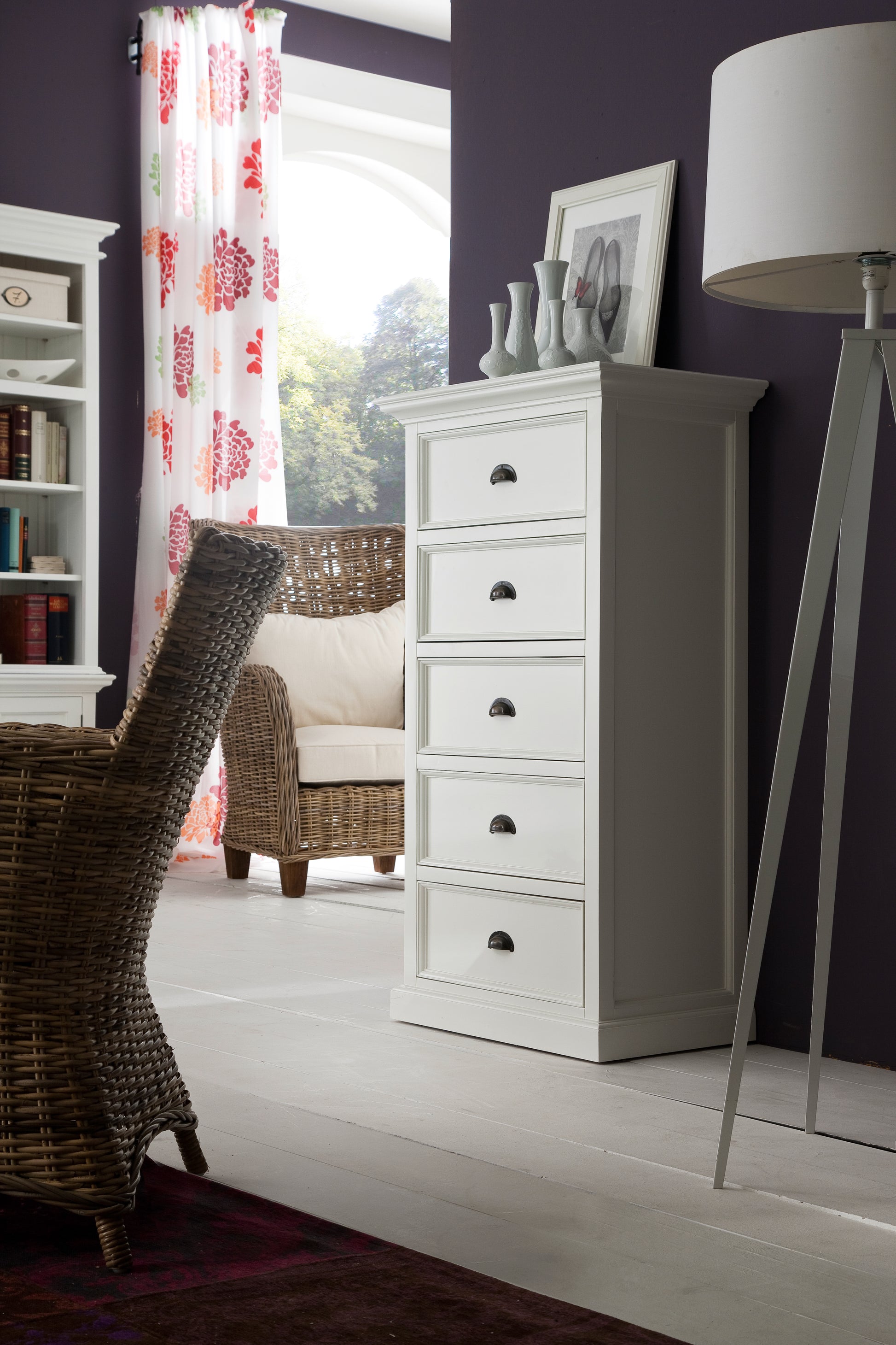 NovaSolo Halifax white wooden chest of drawers with 5 drawers and antique brass hardware.
