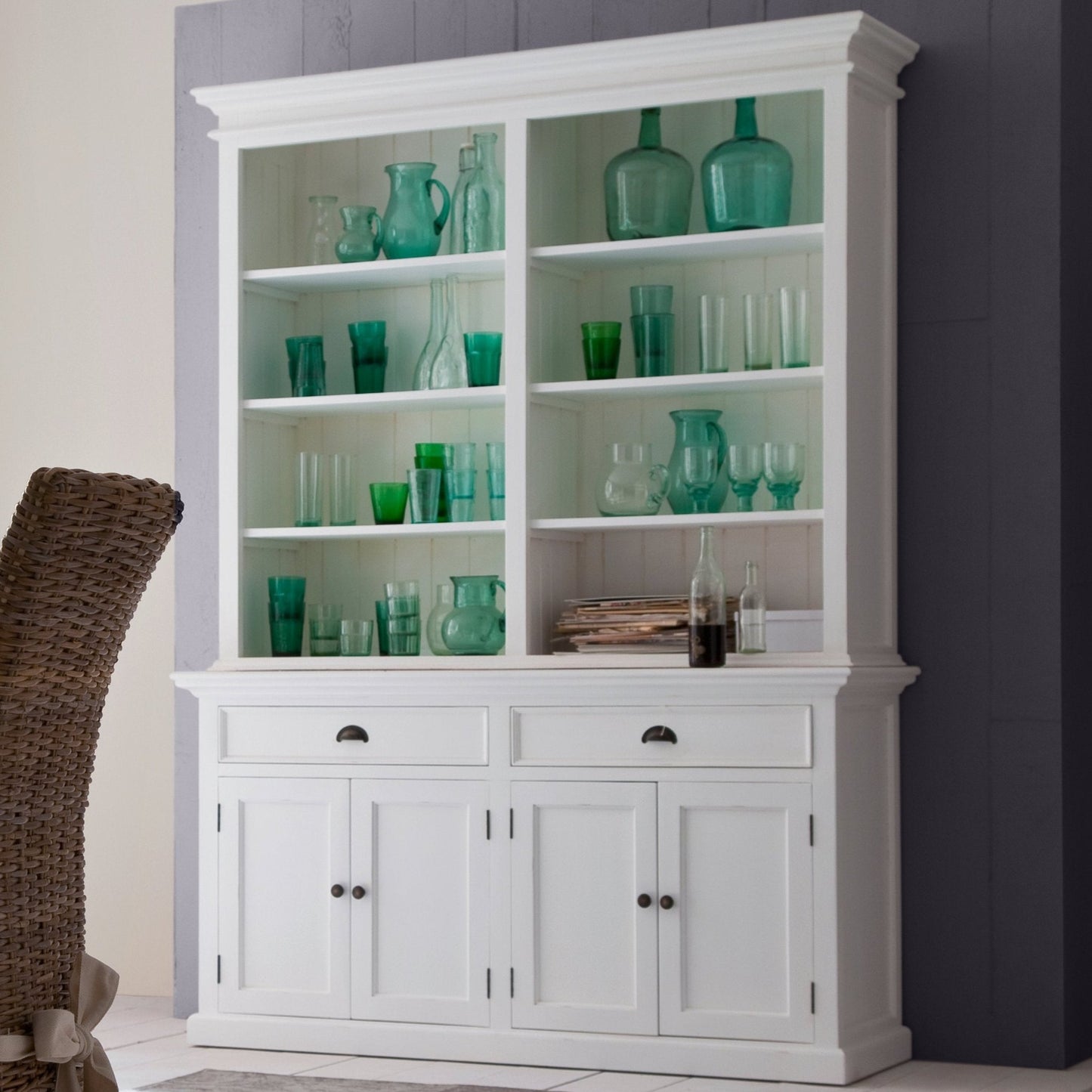 NovaSolo Halifax white wooden hutch bookcase unit with 8 shelves, 4 doors and 2 drawers with antique brass hardware.