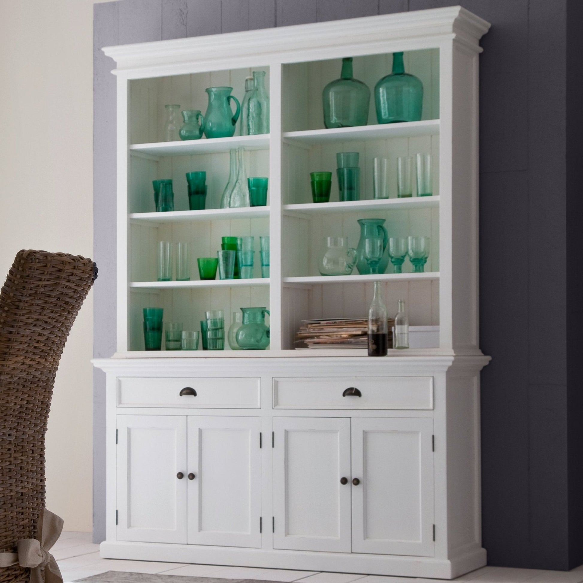 NovaSolo Halifax white wooden hutch bookcase unit with 8 shelves, 4 doors and 2 drawers with antique brass hardware.