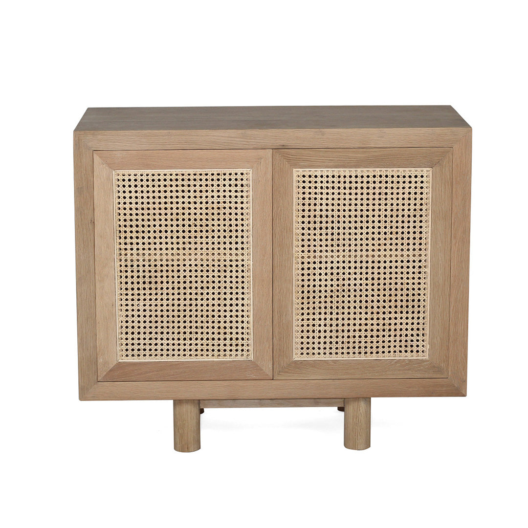 Front view of Iluka Sideboard - Two Door with natural oak finish and dual rattan panel doors.