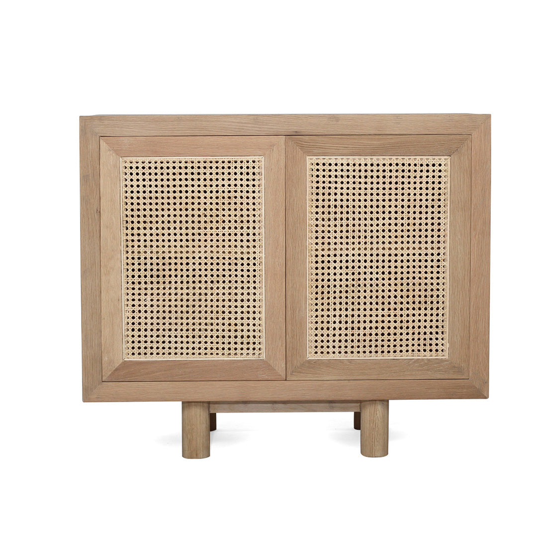 Straight-on front view of Iluka Sideboard - Two Door with natural oak frame and rattan doors.