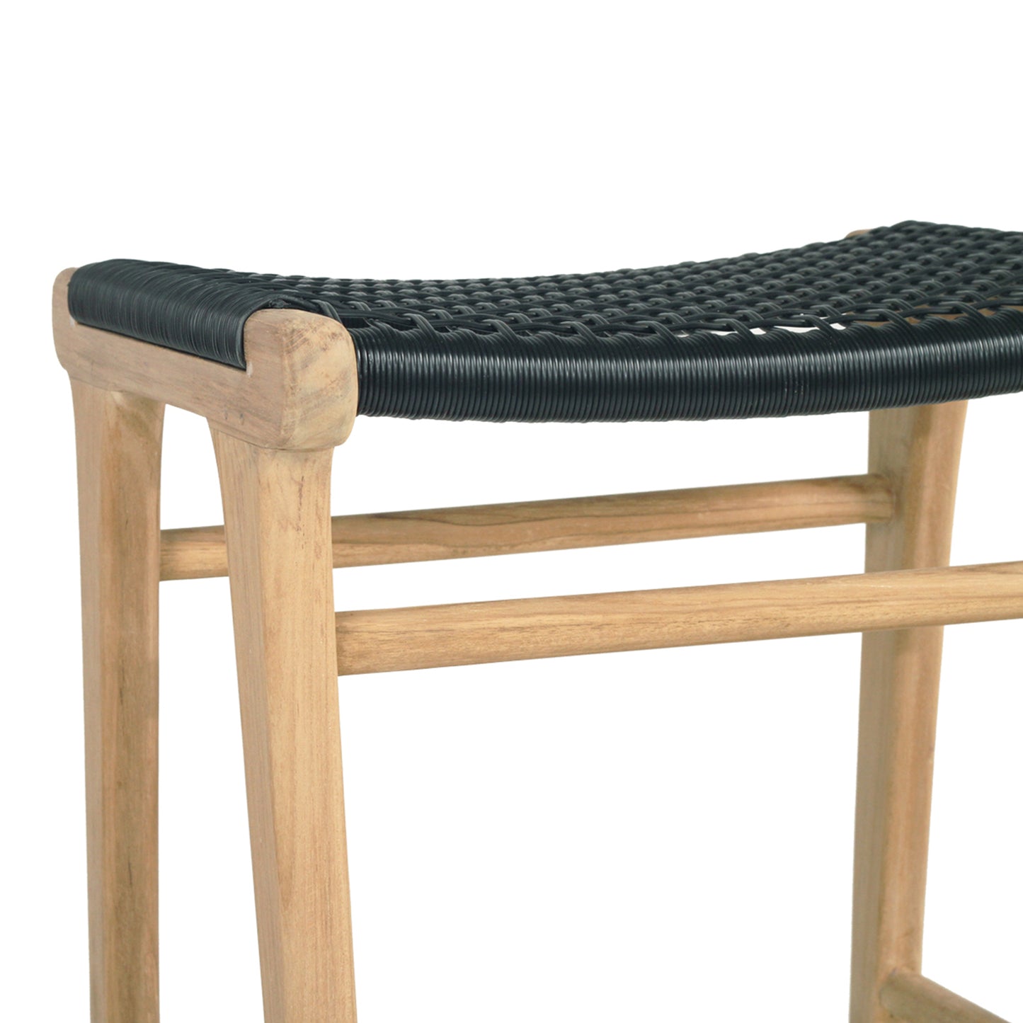 Side angle showing the sculpted teak frame and curved seat of the Zen Backless Bar Stool – Black – Open Weave.