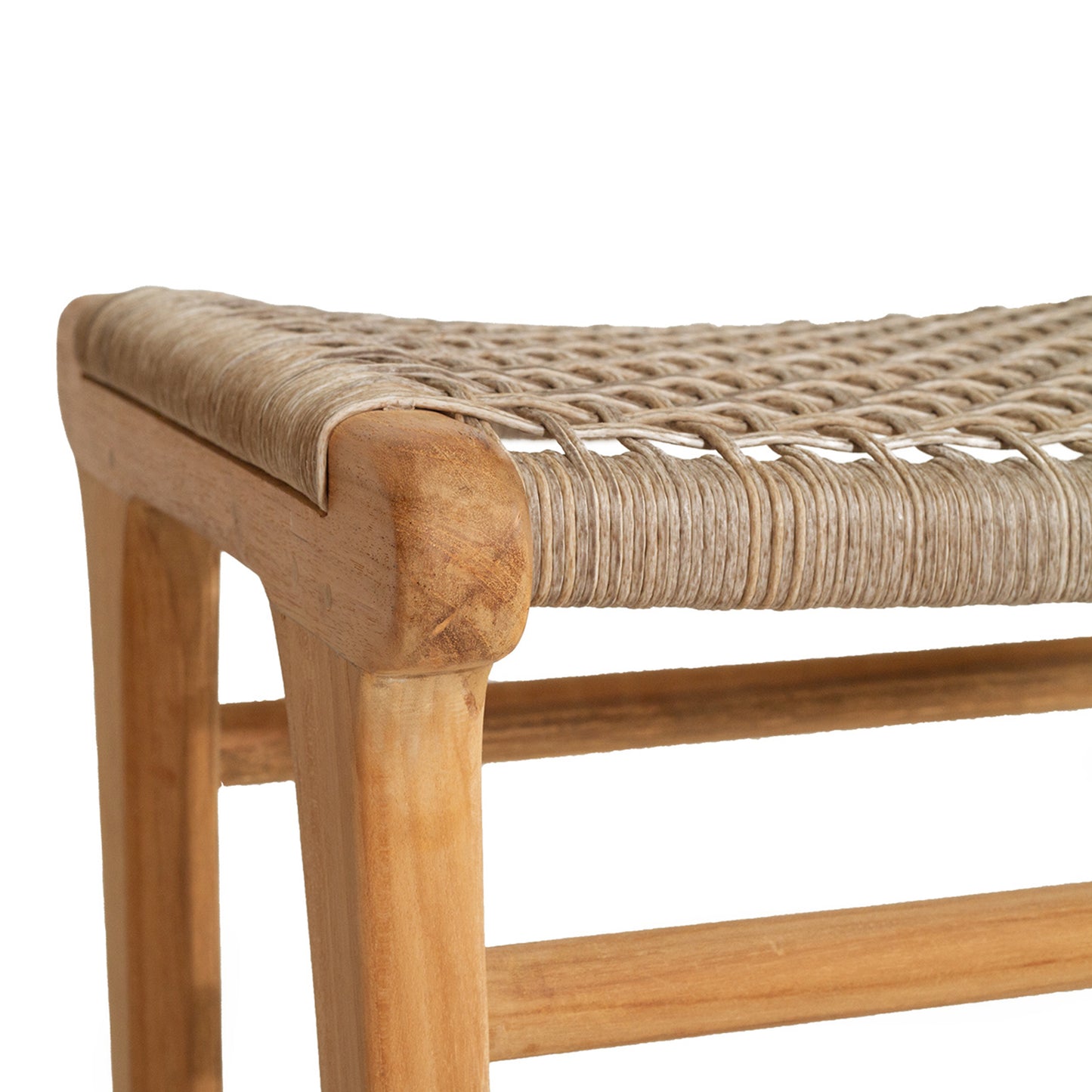 Side close-up of Zen Backless Bar Stool – Washed Grey – Open Weave showing seat wrap and joinery detail.