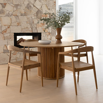 Lifestyle dining view of Rigby Armchair – Natural styled with round oak table.