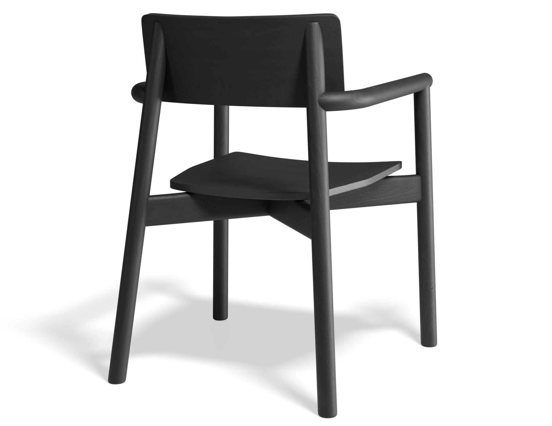 Rear three-quarter view of Andi Armchair Black modern wooden dining chair, featuring matte black finish, curved backrest, integrated armrests, sculpted seat, and solid wood frame isolated on a neutral background.
