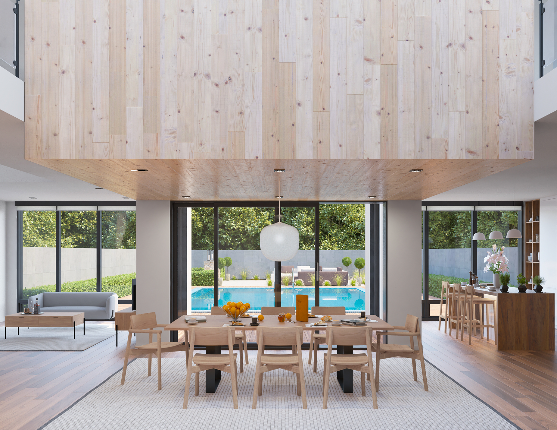Wide interior shot of Andi Armchair Natural wooden dining chairs with a large dining table in an open-plan modern home, with floor-to-ceiling glass doors, pool view, pendant lighting, and minimalist Scandinavian architecture.