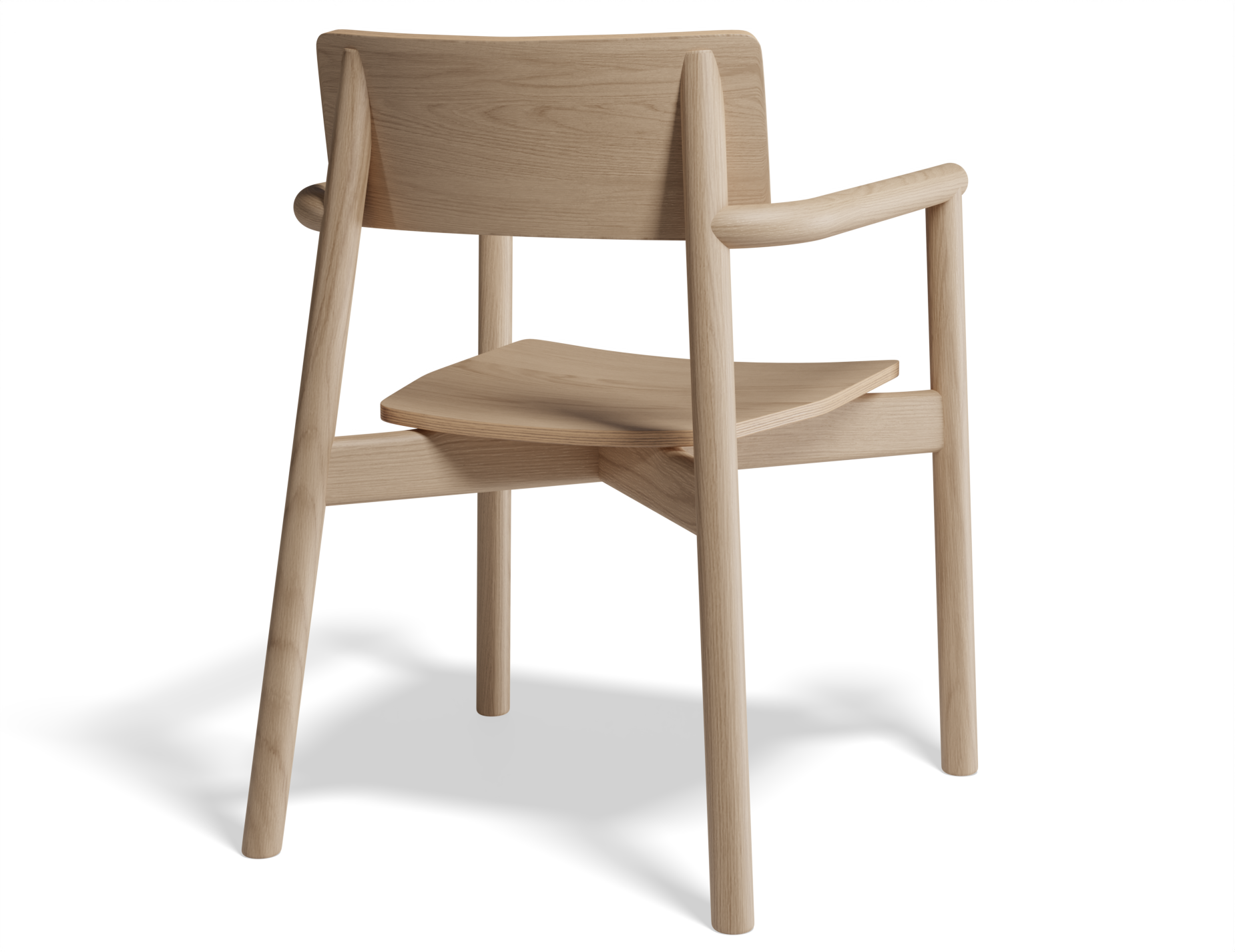 Rear three-quarter view of Andi Armchair Natural solid wood chair, emphasising curved back panel, angled legs, supportive frame, and natural oak grain texture on a white background.