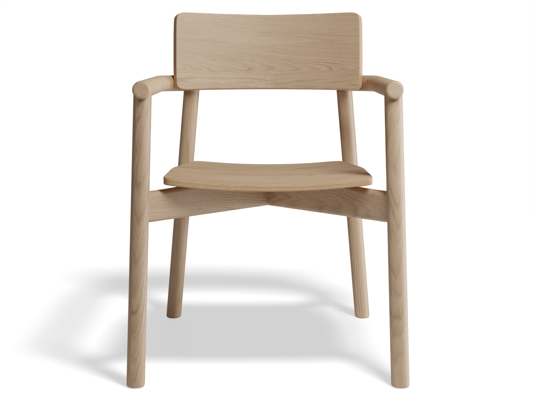 Front view of Andi Armchair Natural wooden dining chair, highlighting ergonomic curved backrest, solid timber construction, arm supports, and minimalist Scandinavian design on a neutral background.