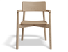 Front view of Andi Armchair Natural wooden dining chair, highlighting ergonomic curved backrest, solid timber construction, arm supports, and minimalist Scandinavian design on a neutral background.