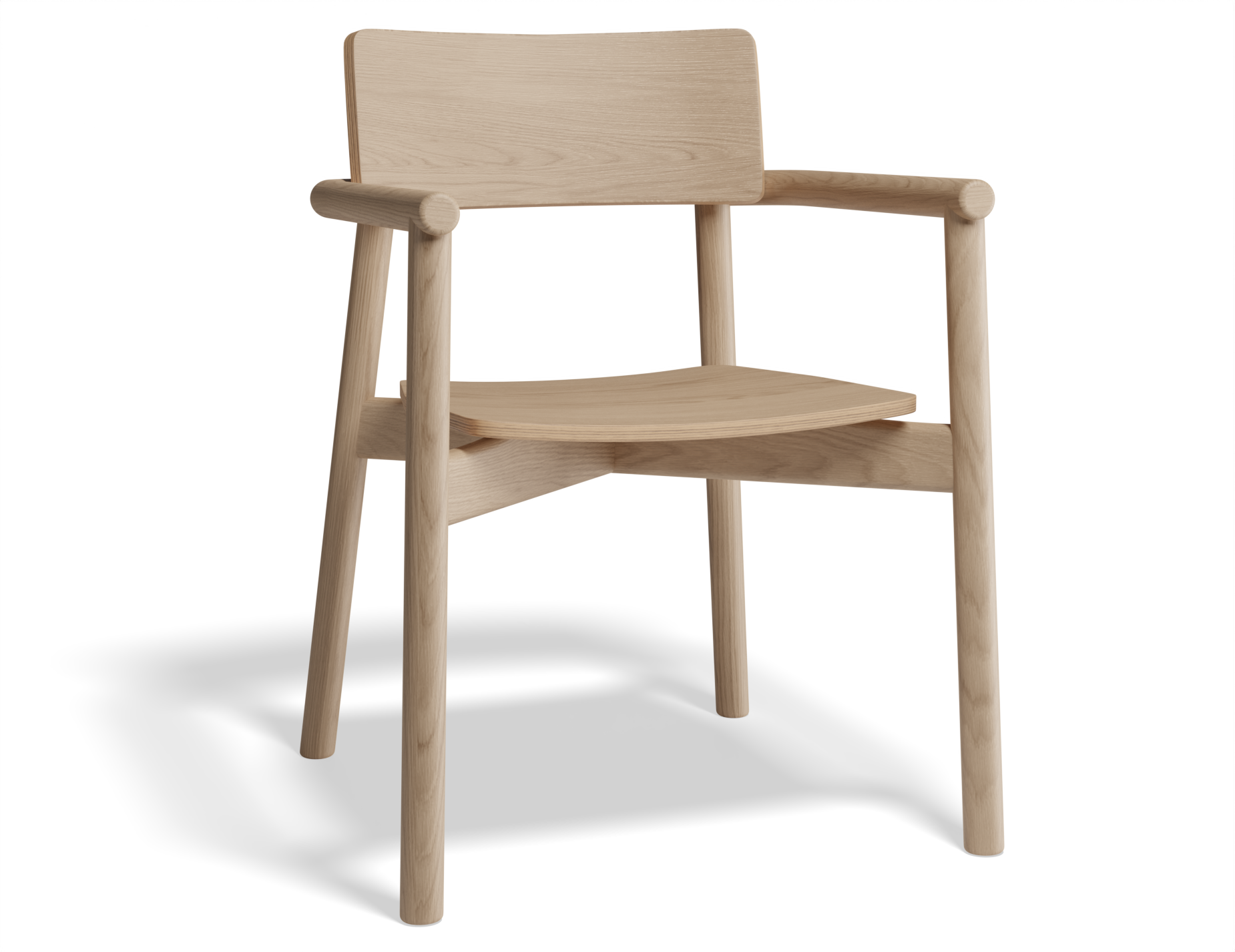 Three-quarter front view of Andi Armchair Natural solid oak dining chair, showcasing curved armrests, contoured seat, sturdy frame, and light wood grain finish isolated on a white background.