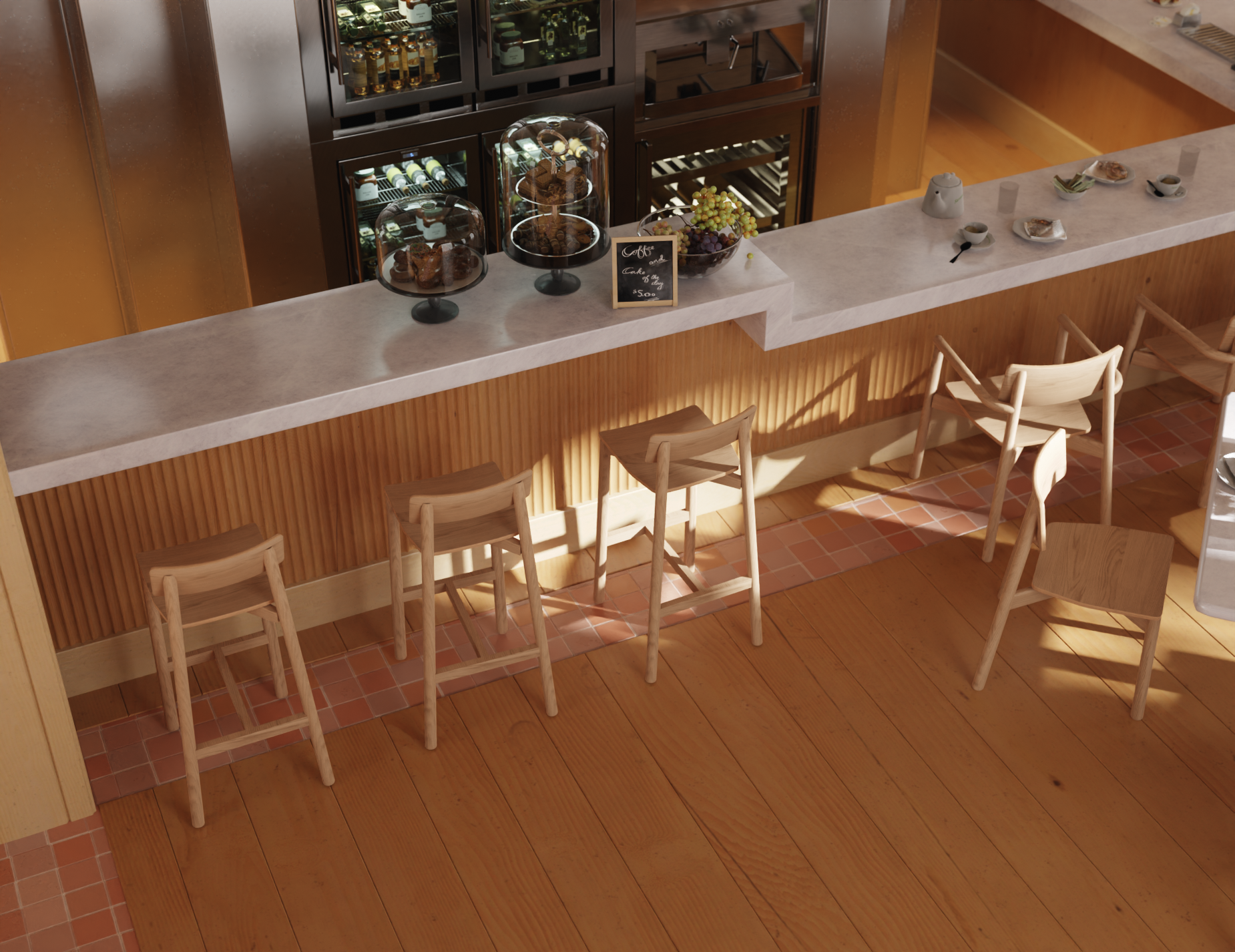 Elevated view of Andi Armchair Natural chairs paired with matching wooden bar stools along a modern café counter, featuring pastries display, glass domes, wine fridge, and warm ambient lighting.