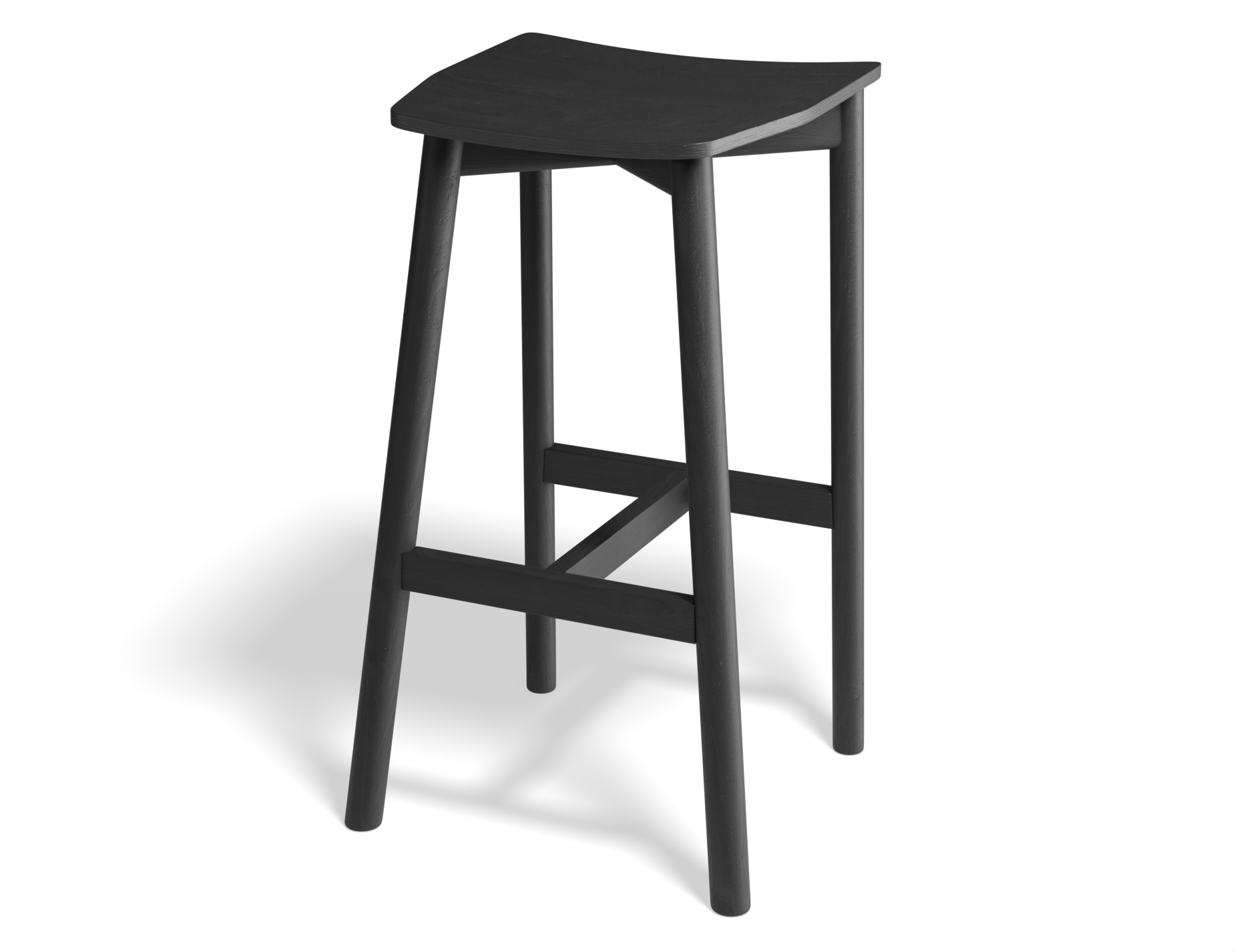 Angled perspective of Andi Backless Bar Stool - Black - 66 cm Seat Height, showcasing smooth curved seat edges, tapered solid wood legs, and durable modern construction.