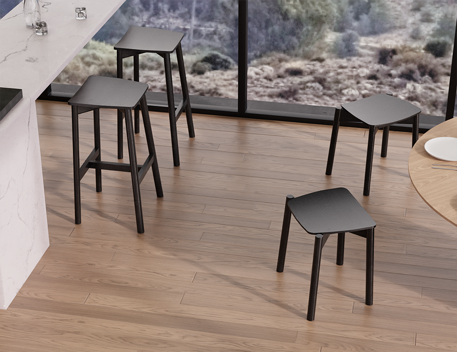 Multiple Andi Backless Bar Stool - Black - 66 cm Seat Height stools arranged in a modern open-plan dining space, highlighting versatility, compact form, and Scandinavian-inspired aesthetic.