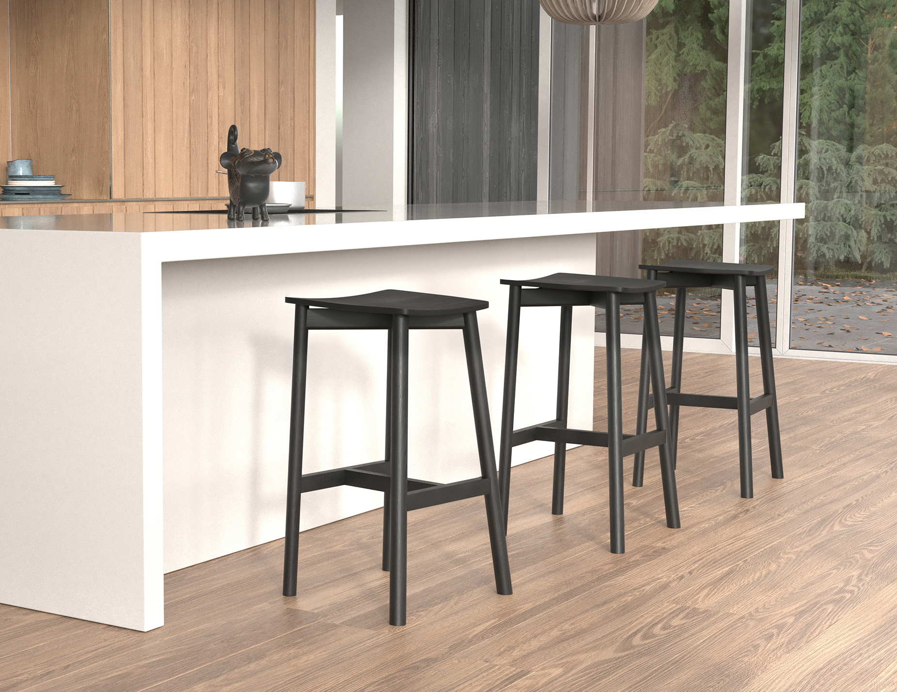 Two Andi Backless Bar Stool - Black - 75 cm Seat Height stools placed beside a kitchen island, emphasising practical everyday use, sturdy frame, and minimalist design.