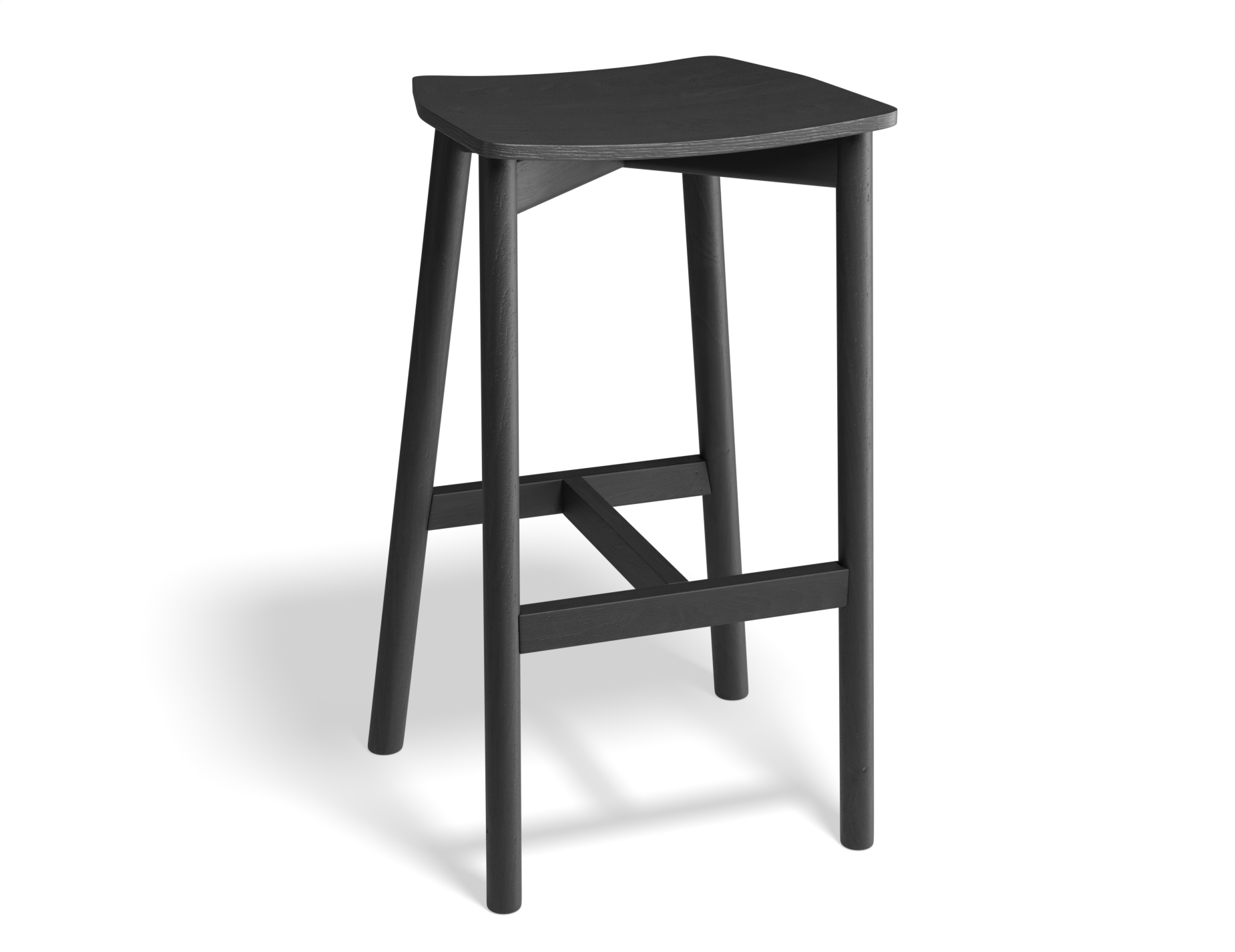 Three-quarter rear angle of Andi Backless Bar Stool - Black - 75 cm Seat Height, showcasing contoured seat edges, tapered legs, reinforced footrest, and matte black timber finish.