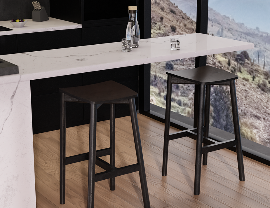 Pair of Andi Backless Bar Stool - Black - 75 cm Seat Height stools styled at a contemporary kitchen island with marble countertop, emphasising sleek design, functional seating, and black timber finish.